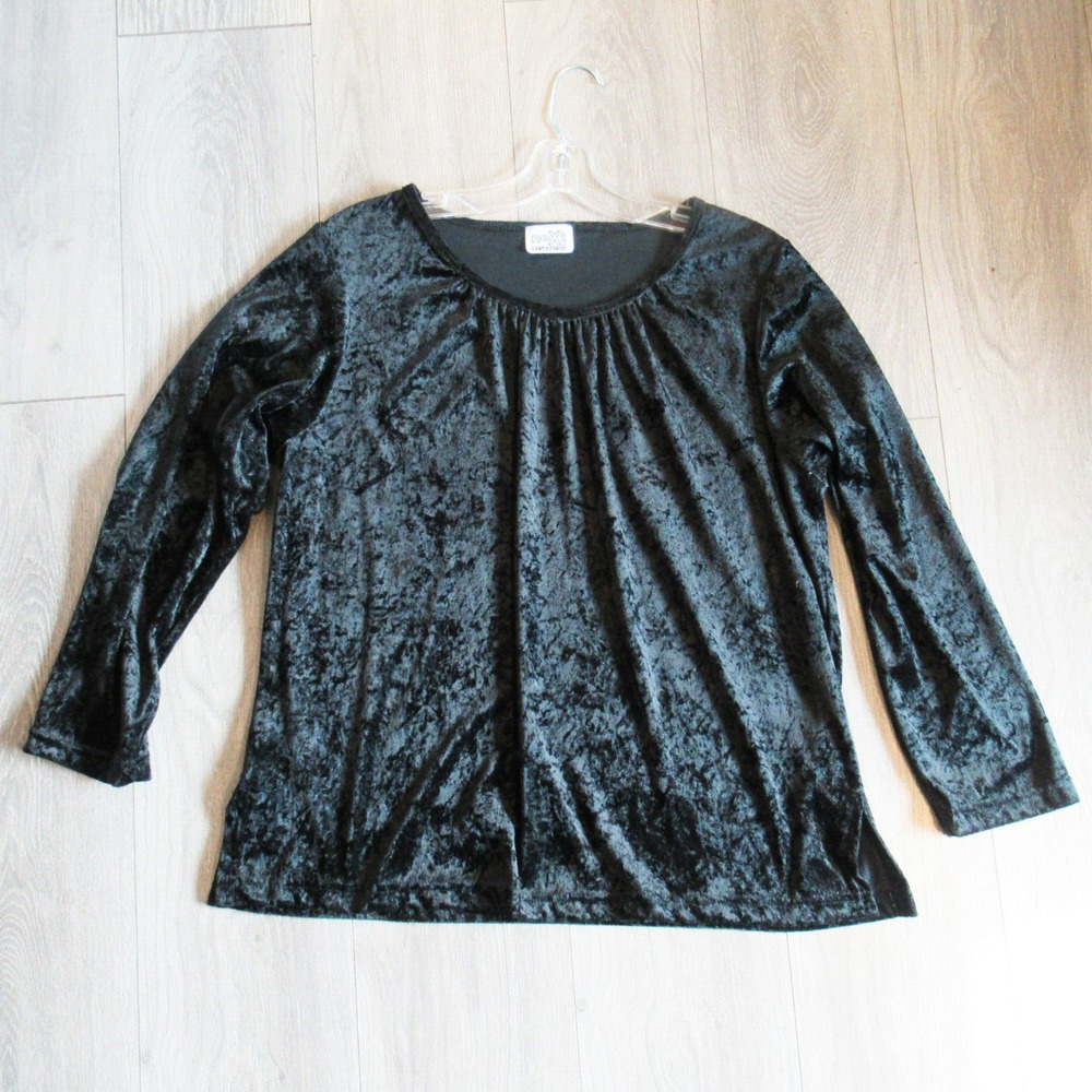 Vtg Next Generation Top Women L Black Crush Velour Pullover Long Sleeve Comfort